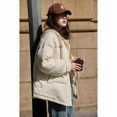 【防水】唐狮2024新款冬装羽绒外套女面包服连帽羽绒服女假两件商品大图