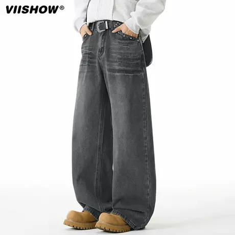 VIISHOW复古水洗弯刀牛仔裤男秋美式猫须直筒高街百搭宽松阔腿裤商品大图