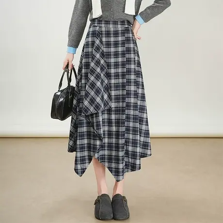 不规则格子半身裙梨型身材a字裙女2025新款时尚显瘦中长款休闲裙图片