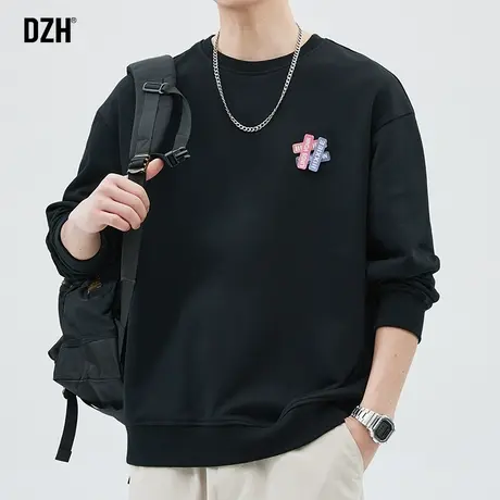 男士黑色卫衣男春秋季圆领潮牌无帽长袖上衣男款宽松休闲套头外套商品大图