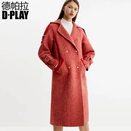 DPLAY德帕拉秋新品欧美西瓜红翻领双排扣系带袖口气质呢大衣商品大图