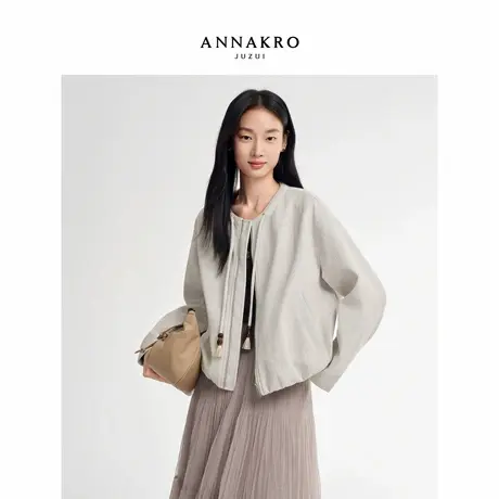 玖姿安娜蔻复古休闲摩登民族风抽绳圆领短款外套女2026春季新款商品大图