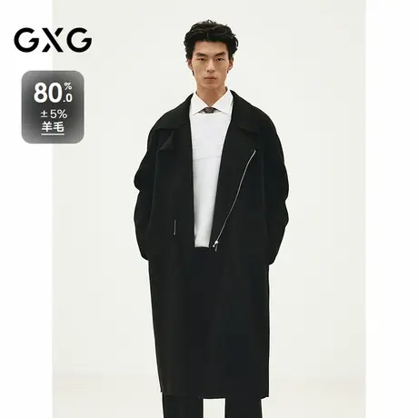 GXG男装 黑色拉链门襟时尚通勤长款羊毛大衣外套 24年冬季品图片