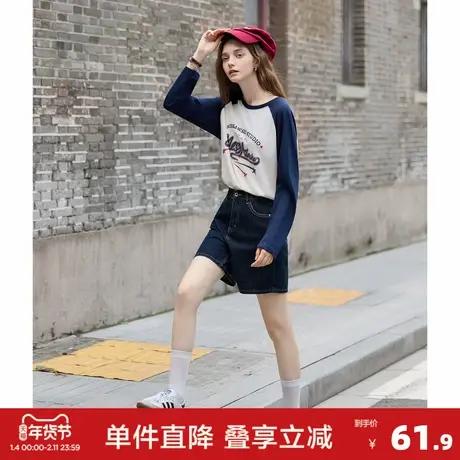 唐狮2026长袖T恤女圆领插肩袖复古美式学院风字母设计宽松休闲图片