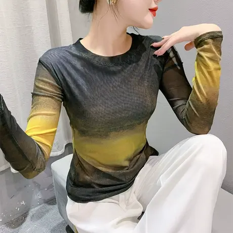 气质减龄扎染印花T恤女长袖性感网纱透气上衣洋气修身收腰打底衫商品大图