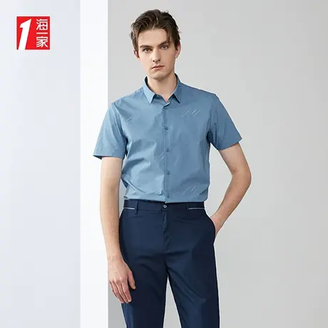 海一家时尚印花短衬2023夏季新款休闲修身尖领舒适短袖衬衫男图片