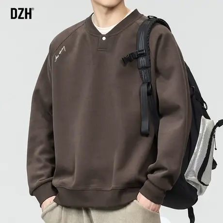 男生咖色美式重磅卫衣男圆领秋季潮牌男装2023新款长袖上衣打底衫图片