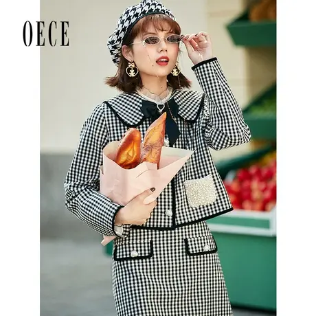 Oece复古格子短外套2023春季新款女装设计感小众夹克气质小个子商品大图
