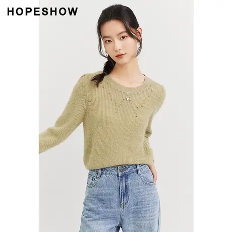 红袖outlets亮丝闪钻套头针织衫hopeshow2023秋款薄款内搭毛衣女商品大图