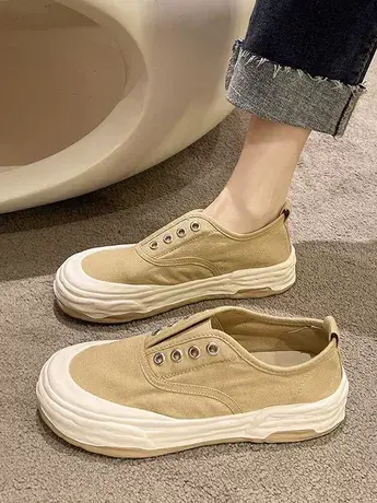 帆布鞋女2023年新款复古港风板鞋夏春懒人溶解小白鞋一脚蹬休闲鞋商品大图