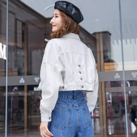 超短白色牛仔外套女2023年新款小个子春秋高腰小款夹克时尚牛仔衣商品大图