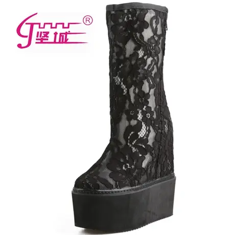 坚城恨天高16CM内增高凉靴子蕾丝镂空高筒靴厚底坡跟中筒网靴女夏商品大图
