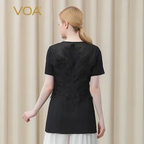 VOA36姆米真丝重磅黑色方领短袖撞料拼接后背立体装饰桑蚕丝T恤图片