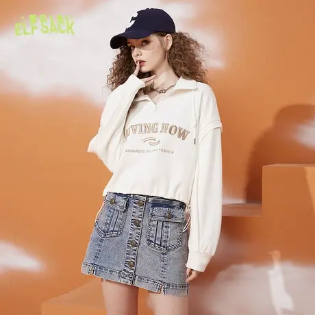 妖精的口袋翻领黑色半拉链短款卫衣女2023春新款设计感小个子无帽图片