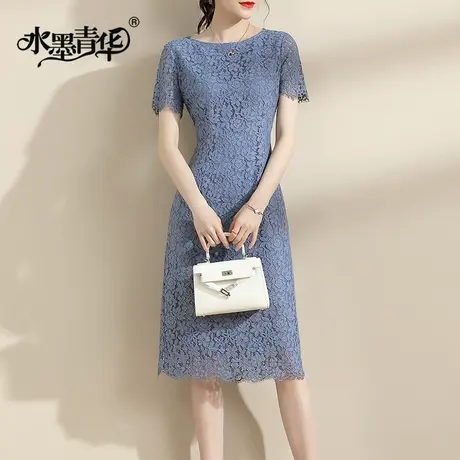 水墨青华夏季新品连身裙修身裙子气质蕾丝裙百搭收腰连衣裙女图片