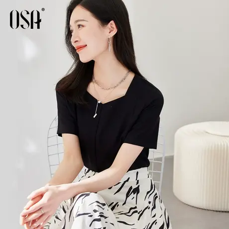OSA欧莎黑色仿醋酸短袖方领雪纺衫女夏季2022年新款高档洋气小衫商品大图