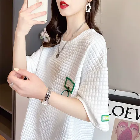 华夫格短袖t恤女夏季韩版宽松大码女装中长款小众设计感学生上衣商品大图