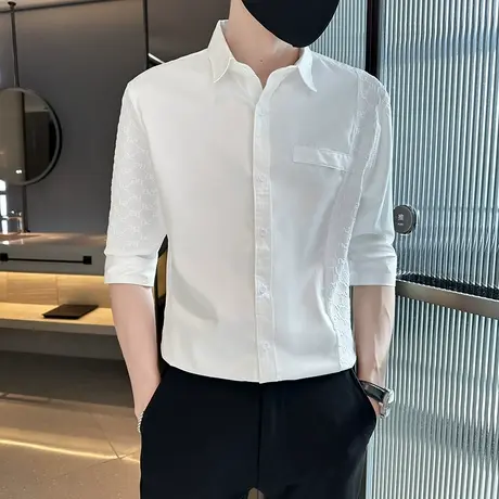 短袖衬衫夏季2023新款修身纯色潮牌发型师潮男帅气七分袖中袖衬衣商品大图