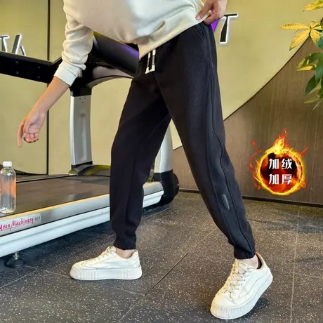 秋冬款加绒卫裤男拼接设计感个性哈伦运动裤潮牌宽松束脚休闲长裤商品大图