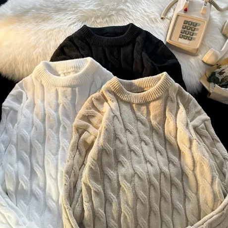 套头圆领麻花毛衣男潮流纯色复古软糯慵懒风休闲上衣服情侣针织衫商品大图
