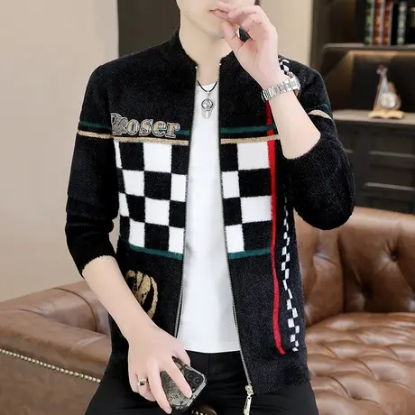 秋冬季大码开衫毛衣外套男韩版潮流提花格子修身加厚打底针织衫男商品大图