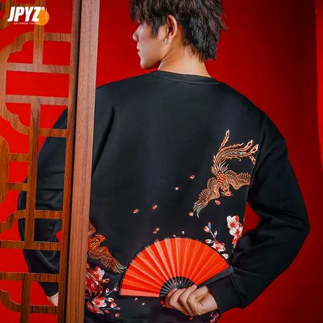原创国潮凤凰刺绣印花圆领卫衣男女秋季中国风情侣百搭长袖上衣服商品大图