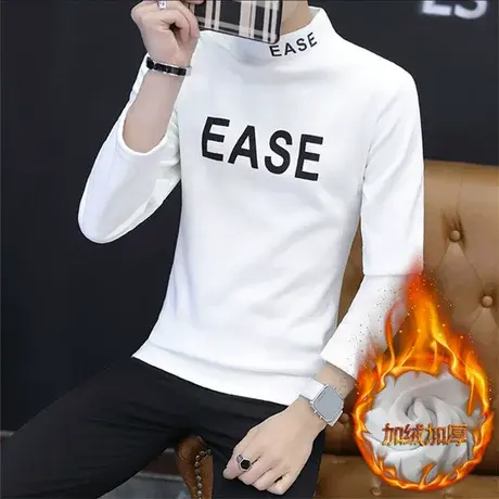 秋冬季加绒加厚长袖T恤男士韩版上衣潮流半高领打底衫保暖卫衣服商品大图