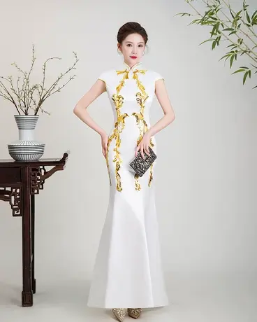 白色鱼尾裙改良旗袍2023春夏长款演出合唱礼服气质走秀形体礼仪服商品大图