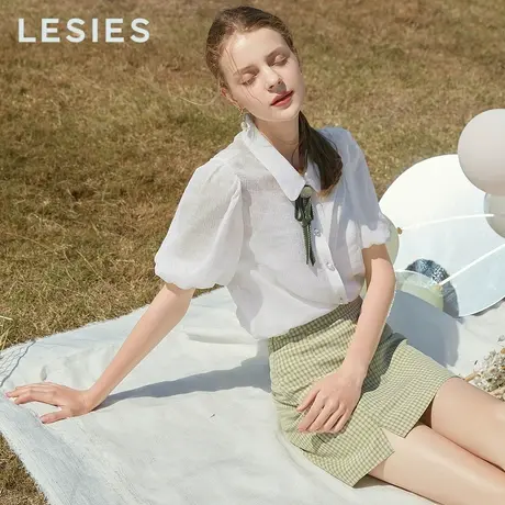 LESIES蓝色倾情夏季新款女装学院风蝴蝶结别针泡泡袖上衣两件套商品大图