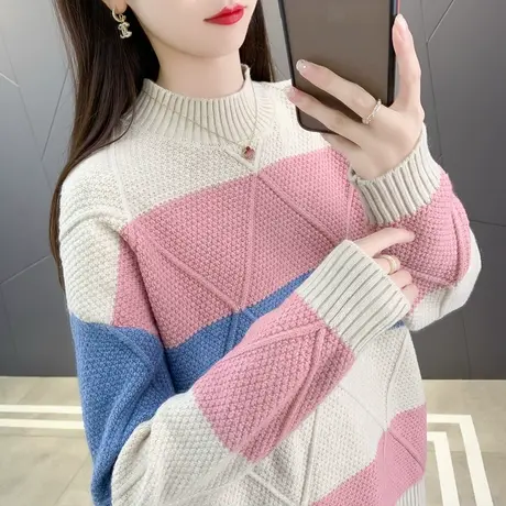 半高领拼色套头毛衣女秋冬宽松洋气加厚保暖宽条纹针织内搭打底衫商品大图