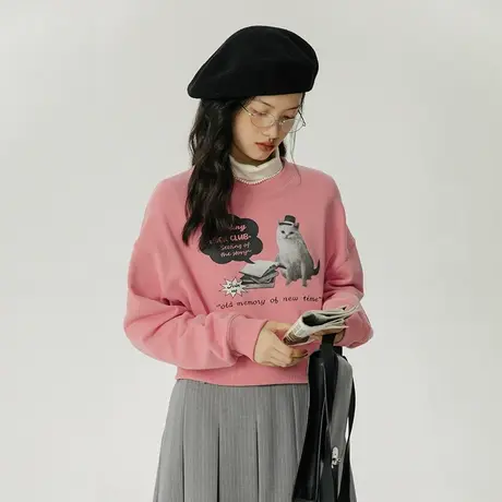 omont蛋挞家 粉色印花短款卫衣女2023新款春秋小个子圆领长袖上衣图片