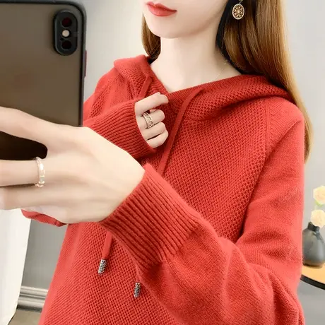 秋季2023新款女毛衣纯色华夫格子连帽针织女士卫衣宽松慵懒风上衣商品大图