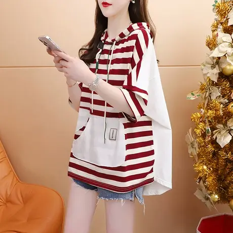 慵懒风连帽短袖T恤女中长款2024新款夏季洋气减龄宽松设计感上衣图片