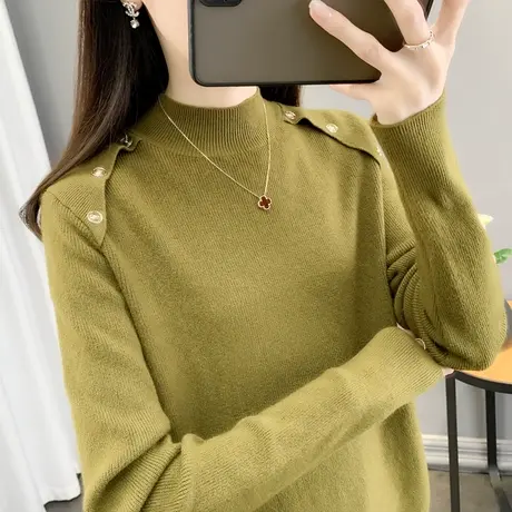 半高领毛衣女打底衫2023秋冬新款套头内搭上衣外穿肩扣洋气针织衫商品大图