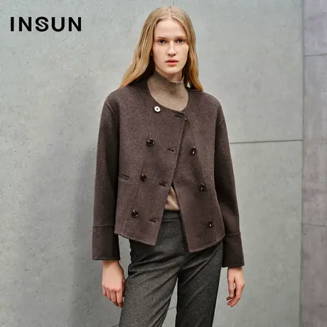 INSUN恩裳线上专选冬季双排扣短款天丝羊毛大衣图片