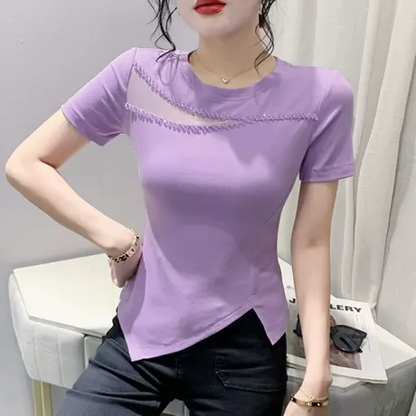 不规则开叉T恤女短袖夏季网纱拼接小衫性感镂空洋气上衣修身半袖商品大图