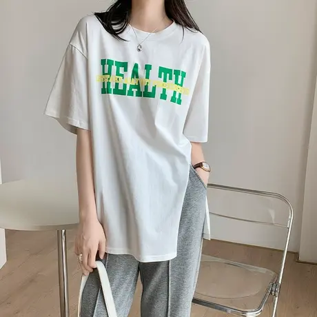 白色短袖t恤女2023夏季新款纯棉宽松大码设计感中长款开叉上衣ins商品大图