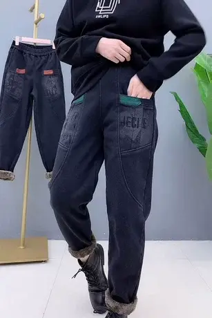 牛仔裤女秋冬加绒加厚宽松大码复古松紧腰黑色休闲女装长裤哈伦裤商品大图