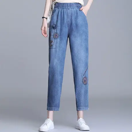 松紧腰牛仔裤女刺绣花中年妈妈裤2023春秋新款高腰休闲裤九分裤子商品大图