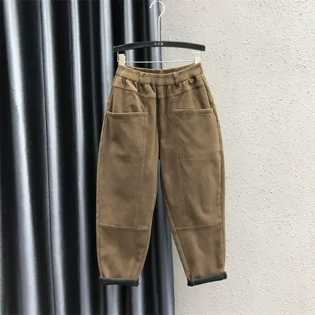 立体口袋哈伦裤女23秋冬新款咖啡色松紧腰宽松显瘦百搭加绒老爹裤商品大图