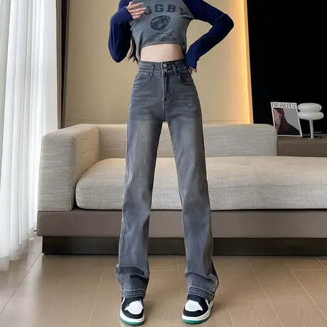 黑灰牛仔裤女春秋2024年新款高腰显瘦遮胯收腰垂感宽松阔腿拖地裤图片