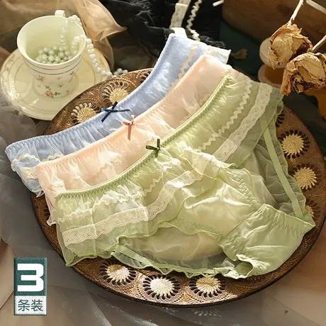 日系复古蕾丝女士内裤甜美性感荷叶边镂空网纱蝴蝶结少女三角裤薄图片