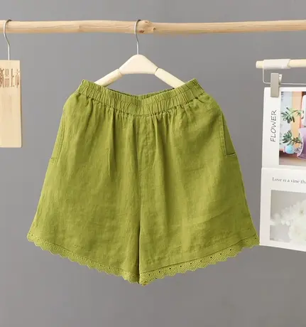 棉麻蕾丝边短裤女夏季薄款打底裤个子休闲裤宽松显瘦亚麻阔腿裤子图片