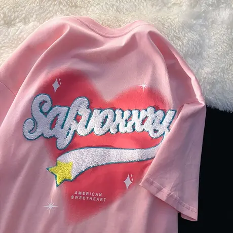 美式复古短袖t恤女夏季半袖宽松韩版ins设计感小众chic别致上衣服商品大图