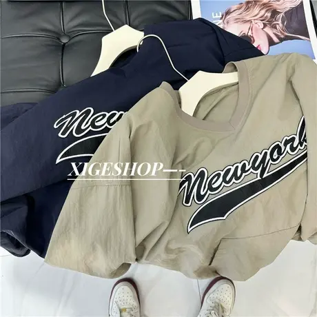 美式字母刺绣冲锋套头卫衣女秋季宽松抽绳V领复古时髦休闲上衣潮商品大图