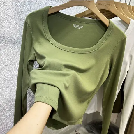 方领露锁骨长袖T恤女秋季韩版修身显瘦内搭正肩打底衫纯欲上衣潮图片