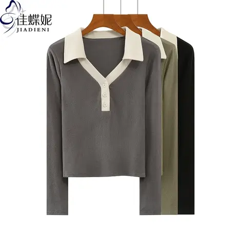 秋冬新款韩版翻领磨毛修身短款纯色纯棉长袖体恤上衣内搭女打底衫图片