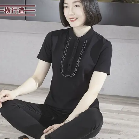 2025夏季新款简约纯色娇俏立领花边纽扣合体短袖T恤大码女装上衣图片