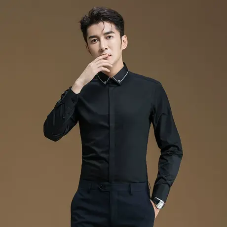 衬衫男士长袖商务休闲正装秋季新款领子刺绣韩版修身暗门襟衬衣男商品大图