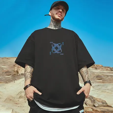 oversize欧美潮牌胖子男装大码国潮简约宽松情侣短袖T恤潮流半袖商品大图